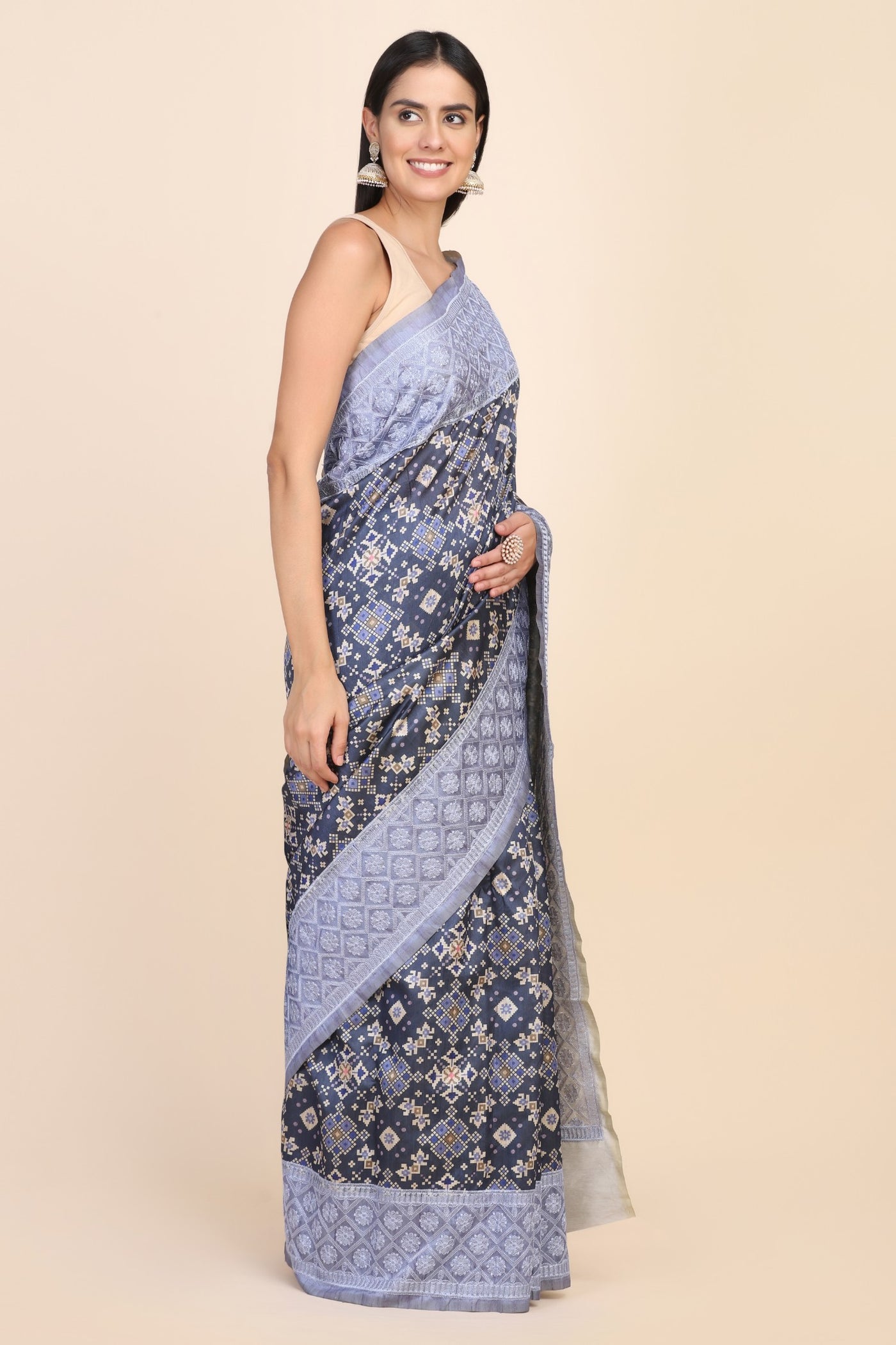 Classy blue color geometrical motif printed and embroidered saree
