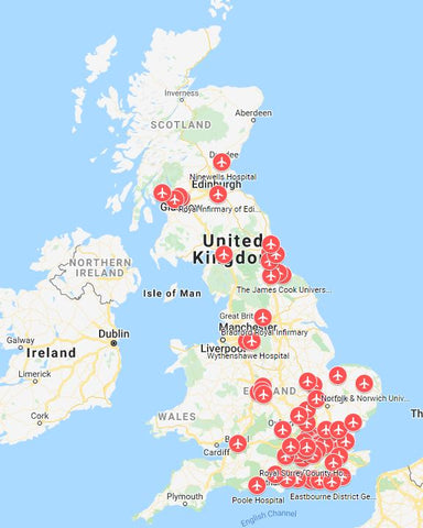 a map of showing locations of 40 hospitals where project wingman is helping during Covid-19 pandemic