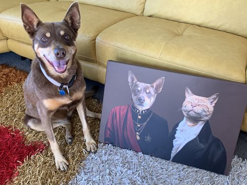a dog next to his custom dog painting