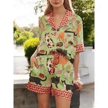 Cat & Dessert Satin Pajama Set