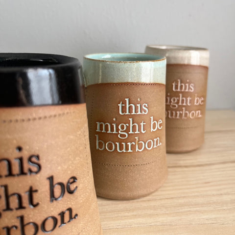 'this might be bourbon' Mug in new clay and colors for Dirty South Pottery 2024