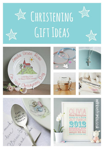 Various christening gift ideas displayed together.