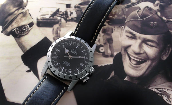 Glycine Airman No 1 with black dial black band and vintage pic of pilot
