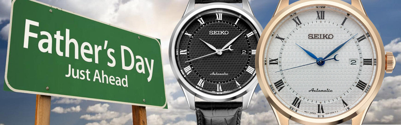Seiko watch dials blk stainless steel case, white yellow case Fathers day Hwy road sign