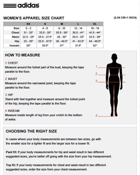 adidas dress size chart
