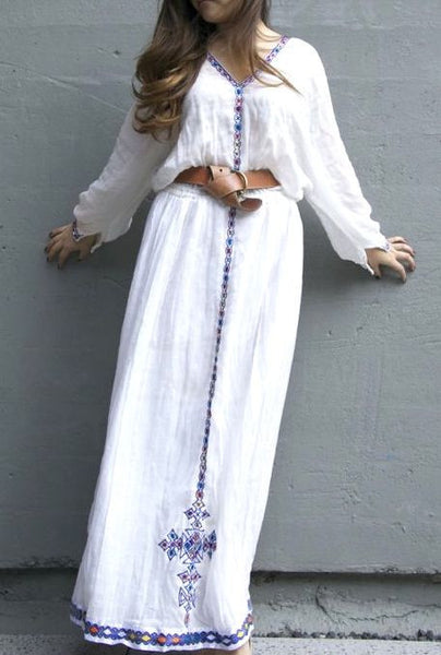 White long sleeved traditional Ethiopian dress with blue 