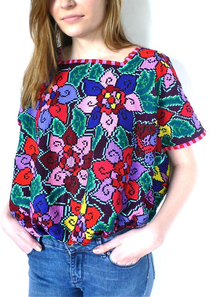 Pink Red Blue Multicolored cross stitch blouse top – FTWWL