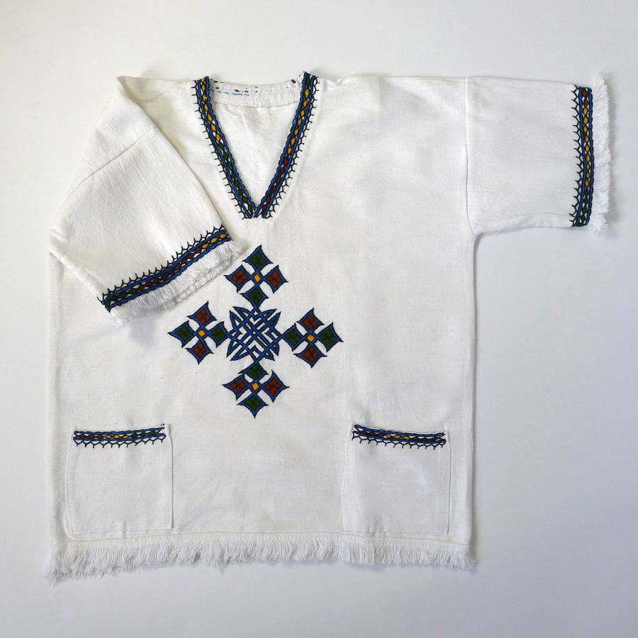 White traditional Ethiopian tunic with multicolored cross embroidered ...