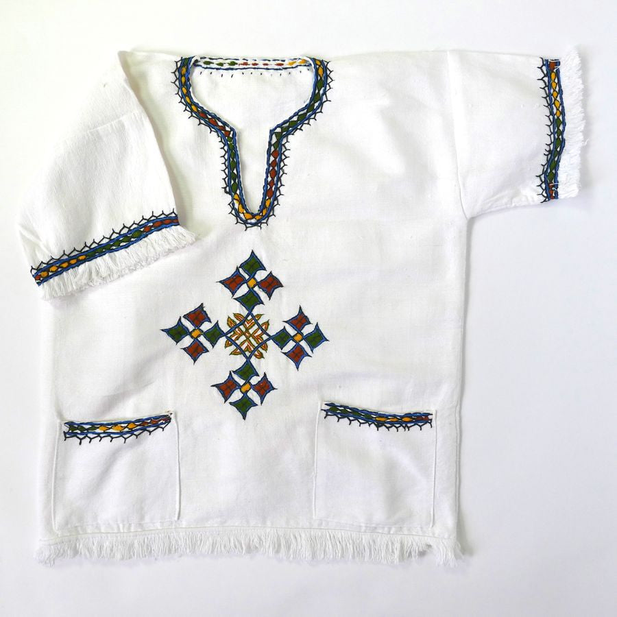 White traditional Ethiopian tunic with multicolored cross embroidered ...