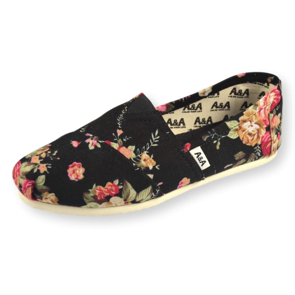 Black Floral VEGAN Canvas Slip On Shoes 