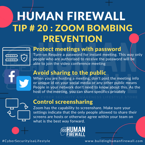 Human Firewall Tip # 20 Zoom bombing prevention www.buildinghumanfirewall.com
