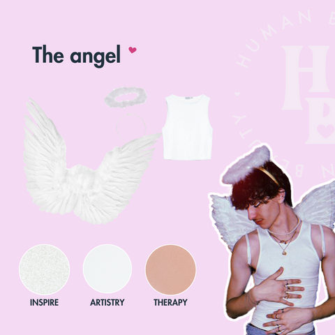 Light pink square with a picture of a male angel with his accessories next to him, a white tank top, and white angel wings with halo. Alongside circle pictures of our shades Inspire, & Therapy.
