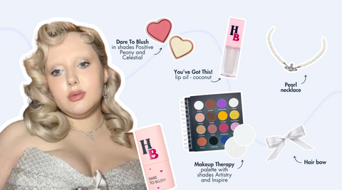 An image of a blonde woman in white pinup aesthetic next to the Human Beauty Dare to Blush sticks, Calm Coconut You Got This! lip oil, Makeup Therapy Palette, a pearl necklace and a white hair bow