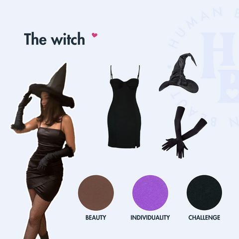 Light blue square with a picture of a witch with her accessories next to her, a back dress, witches hat and black gloves. Alongside circle pictures of our shades Beauty, Individuality & Challenge.