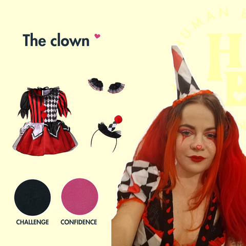 Light yellow square with a picture of our founder dressed as a clown with bright red hair with her accessories next to her, a checked dress, clown hat and frilled gloves. Alongside circle pictures of our shades Challenge & Confidence.