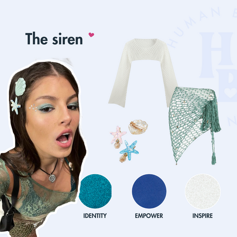 Light blue square with a picture of a girl wearing a green net top with shells in her hair with her accessories next to her, a green netted skirt, white net top and shell accessories. Alongside circle pictures of our shades Identity, Empower & Inspire.