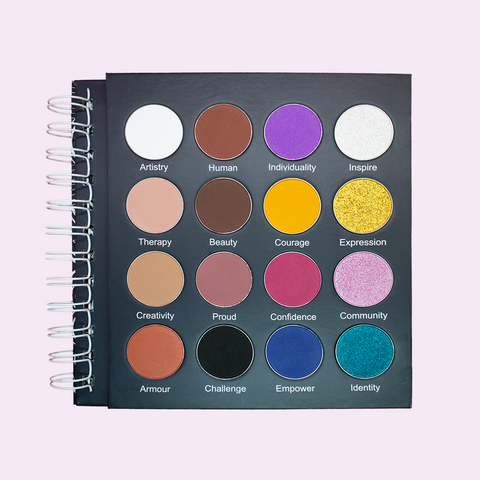 Human Beauty's Makeup Therapy Palette: A dark green, white wire bound book with one page containing the 16 shades (4x4) which are described above, from left to right