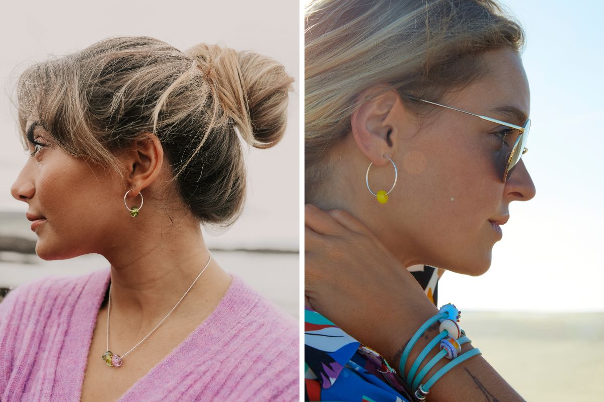 Yellow Colour Drop Silver Hoop Earrings and small green Beach Drop hoop earrings by Nalu Beads