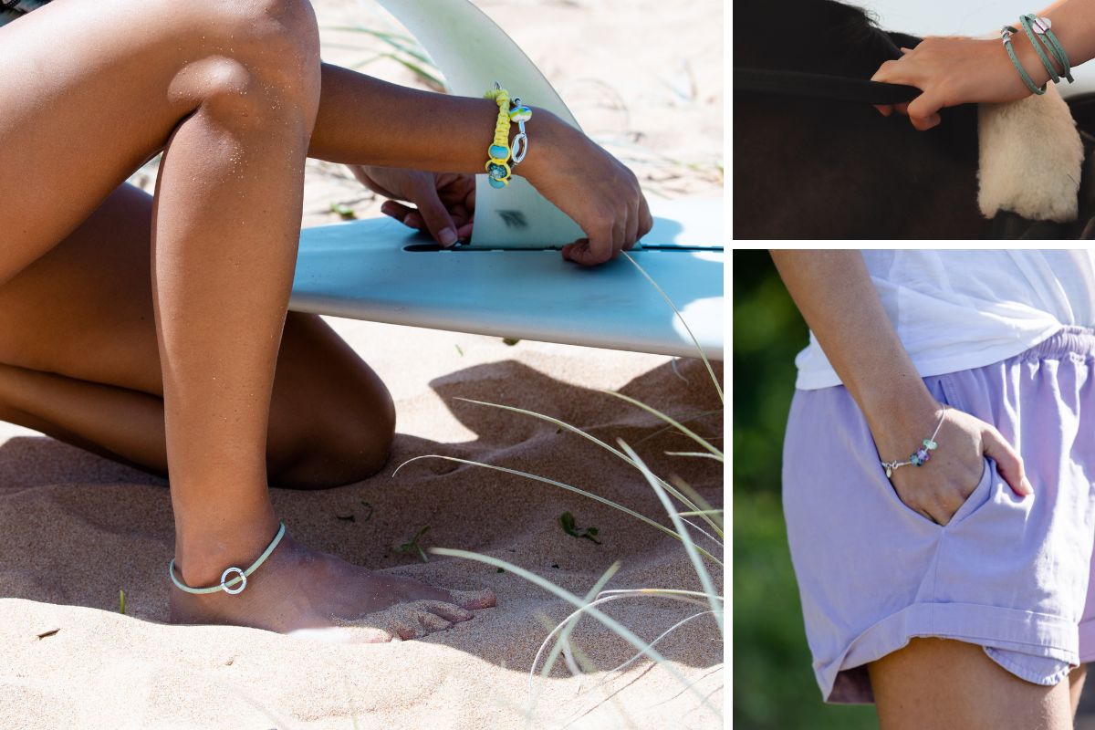 Collage of Nalu Beads charms on bracelets, wraps bracelets and anklets