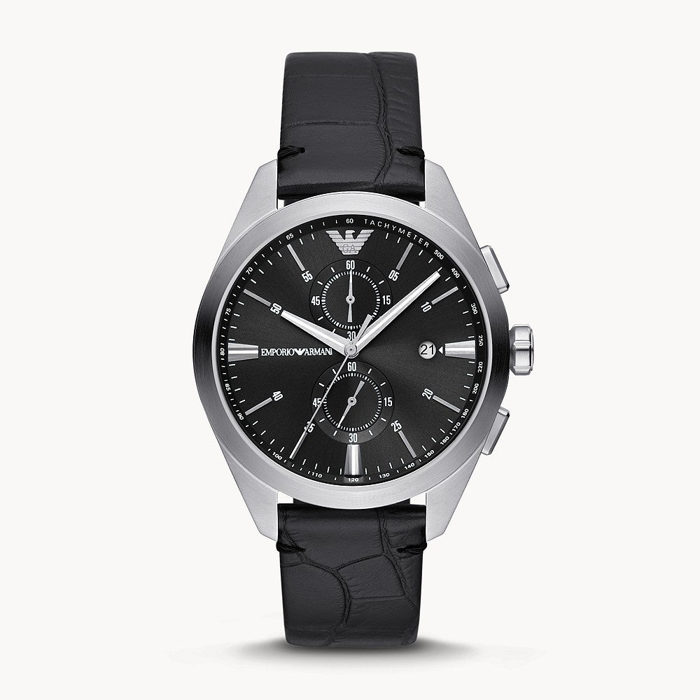 EMPORIO ARMANI THREE-HAND DATE BLACK LEATHER WATCH – The Watch House