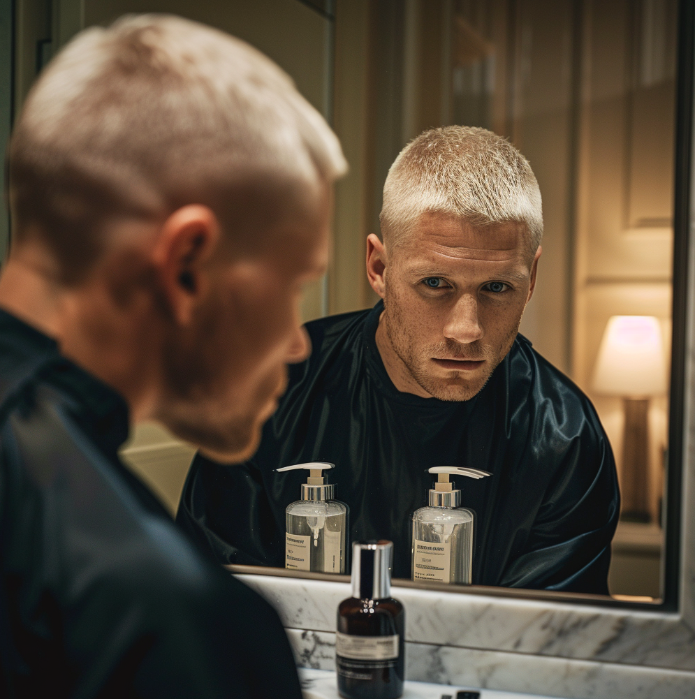Blonder Mann mit Buzz Cut vor dem Spiegel