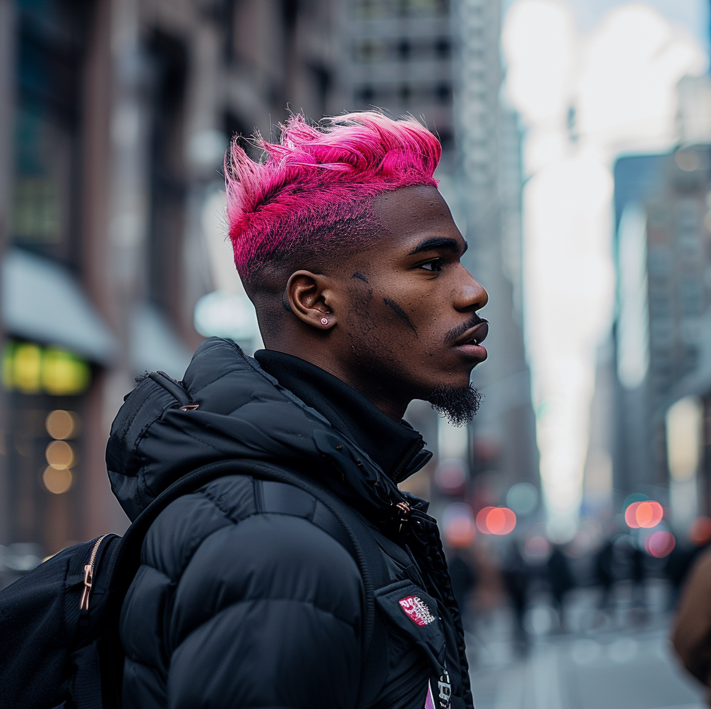 Mann mit Pinken Haaren in der Stadt