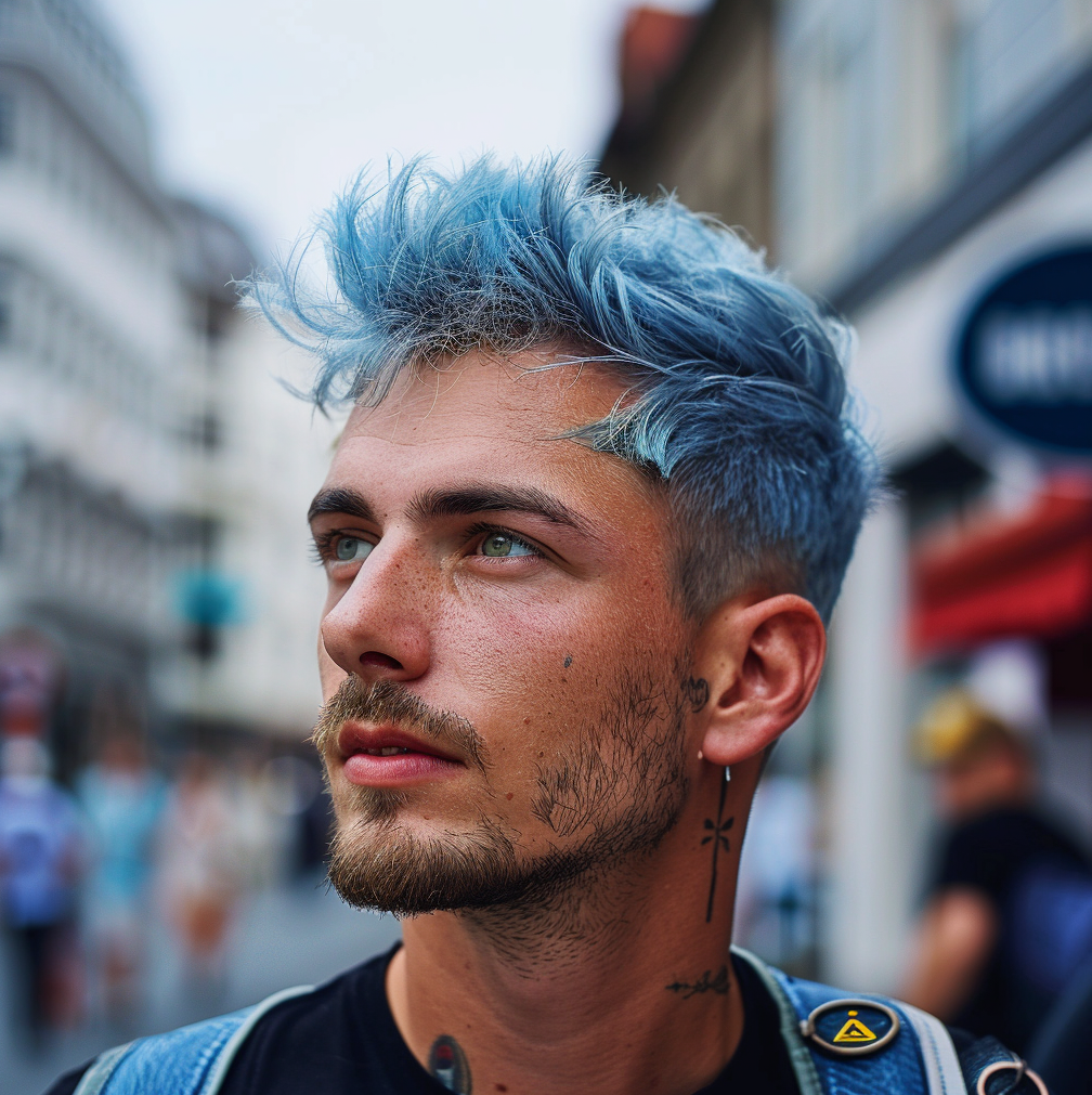 Mann mit blauem French Crop portrait in stuttgart