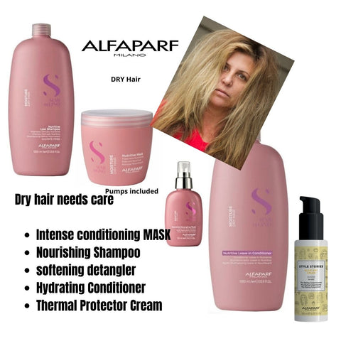 Alfaparf Moisture Nutritive shampoo mask detangling spray and blowdry cream