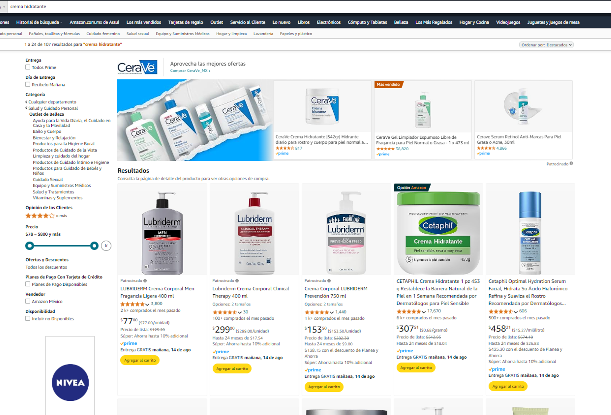 Ejemplo de retail media en Amazon. En la búsqueda “Crema hidratante” podemos ver que al menos tres marcas (Lubriderm, Cetaphil y Nivea) están pagando por espacios publicitados segmentados