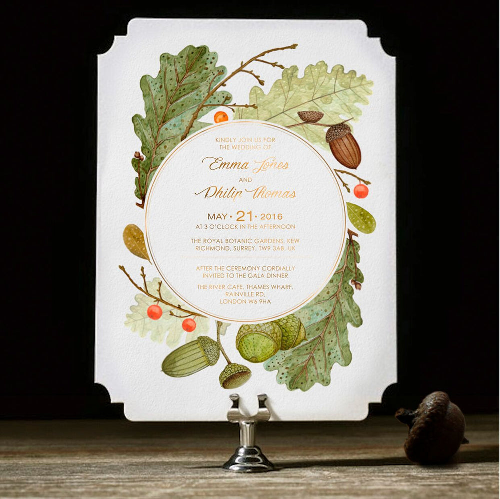 Modern Fall Inspired Nature Wedding Invitation With Gold Foil And