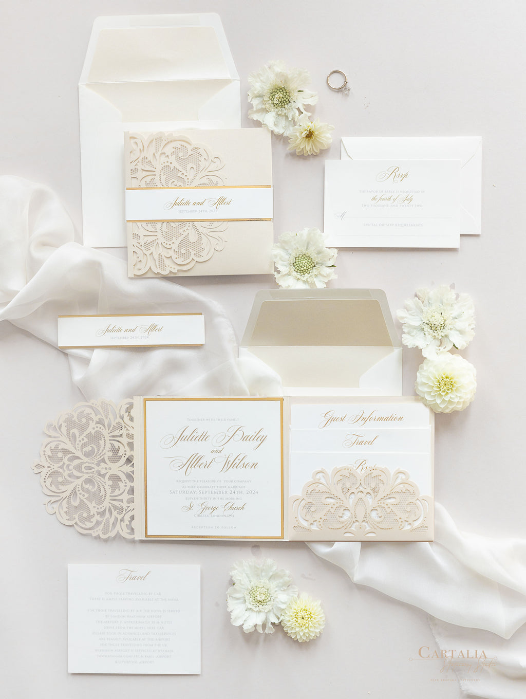 Champagne Laser Cut Lace Pocketfold Wedding Invitation + Wedding Wish Set