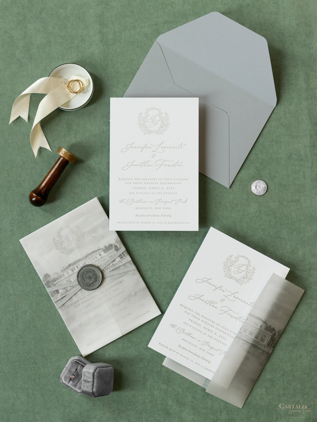 Modern Calligraphy Invitation 3 Tier Folder Pocket Suite with Vellum  Parchment Envelope and Pearl Wax Seal with ribbed ribbon