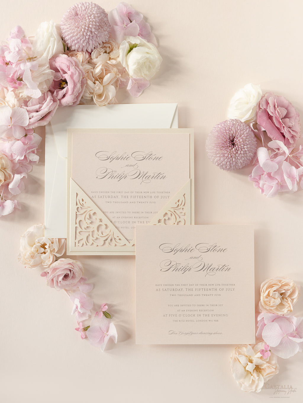 Champagne Laser Cut Lace Pocketfold Wedding Invitation + Wedding Wish –  Cartalia