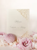 Champagne Laser Cut Lace Pocketfold Wedding Invitation + Wedding