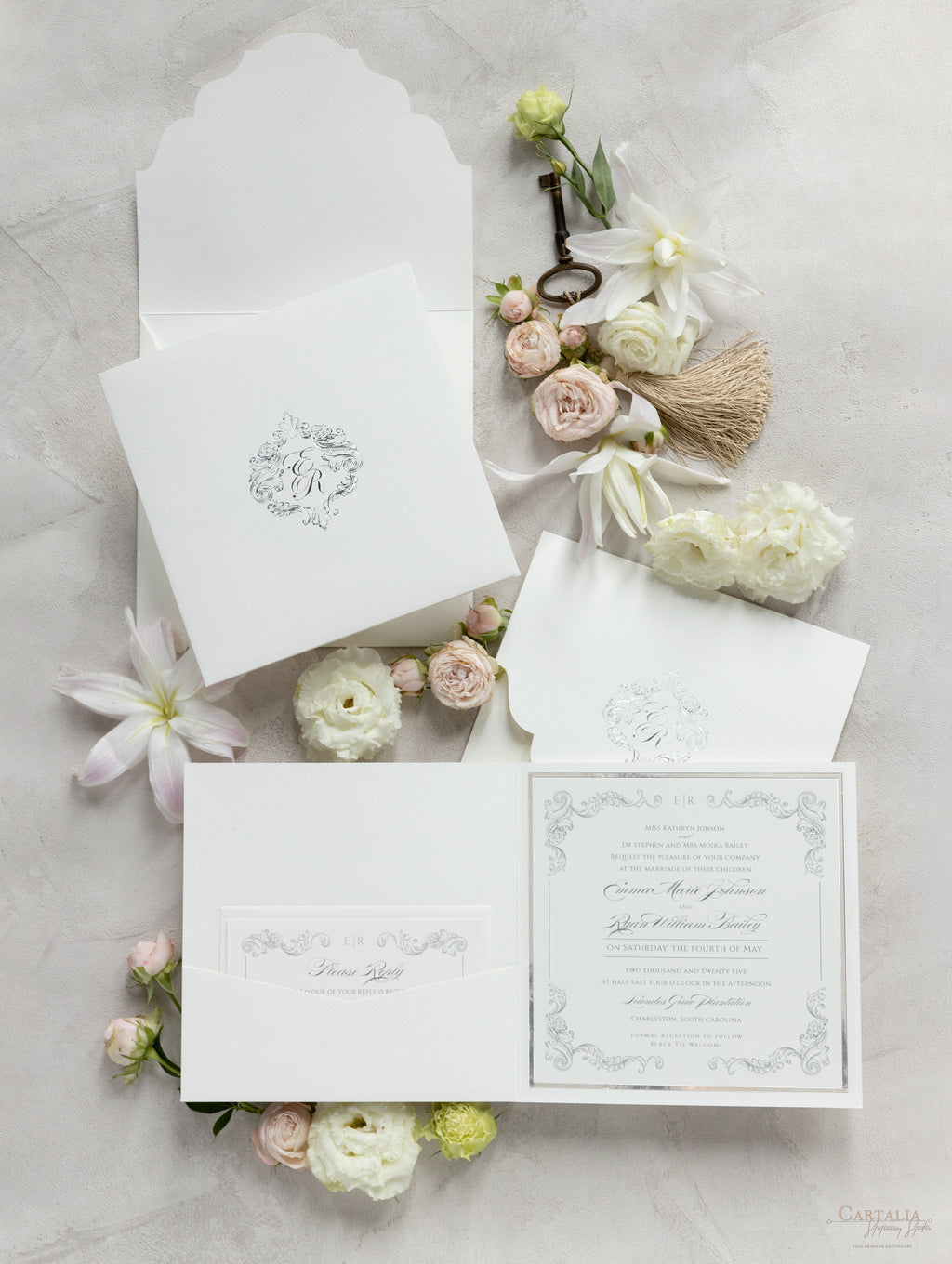 Shimmering Silver Monogram Pocket Wedding Invitation Suite – Cartalia