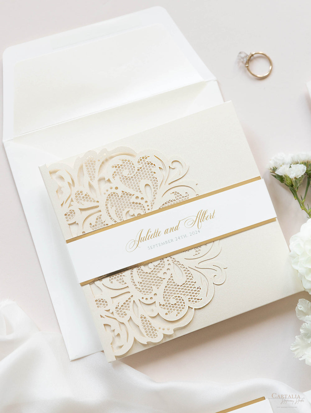 Shimmering Silver Monogram Pocket Wedding Invitation Suite – Cartalia