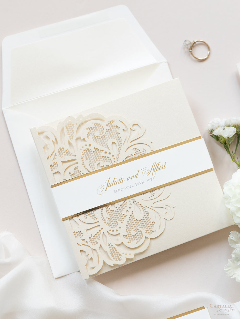 Champagne Laser Cut Lace Pocketfold Wedding Invitation + Wedding