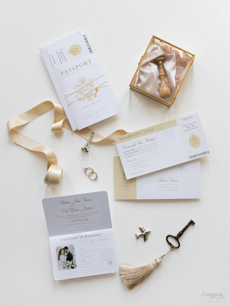 Luxury Passport Wedding Invitation in Champagne with Real Gold Foil Bo ...