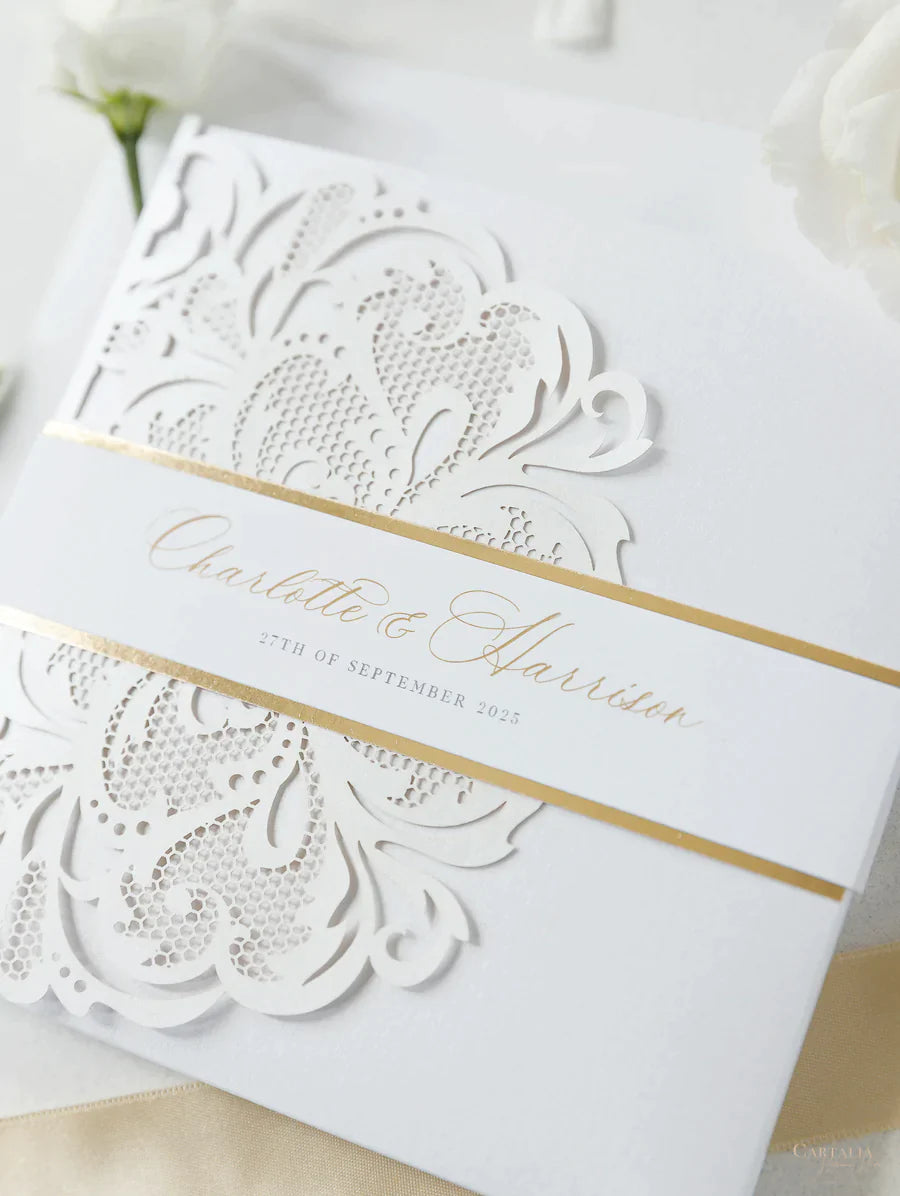 Champagne Laser Cut Lace Pocketfold Wedding Invitation + Wedding Wish –  Cartalia