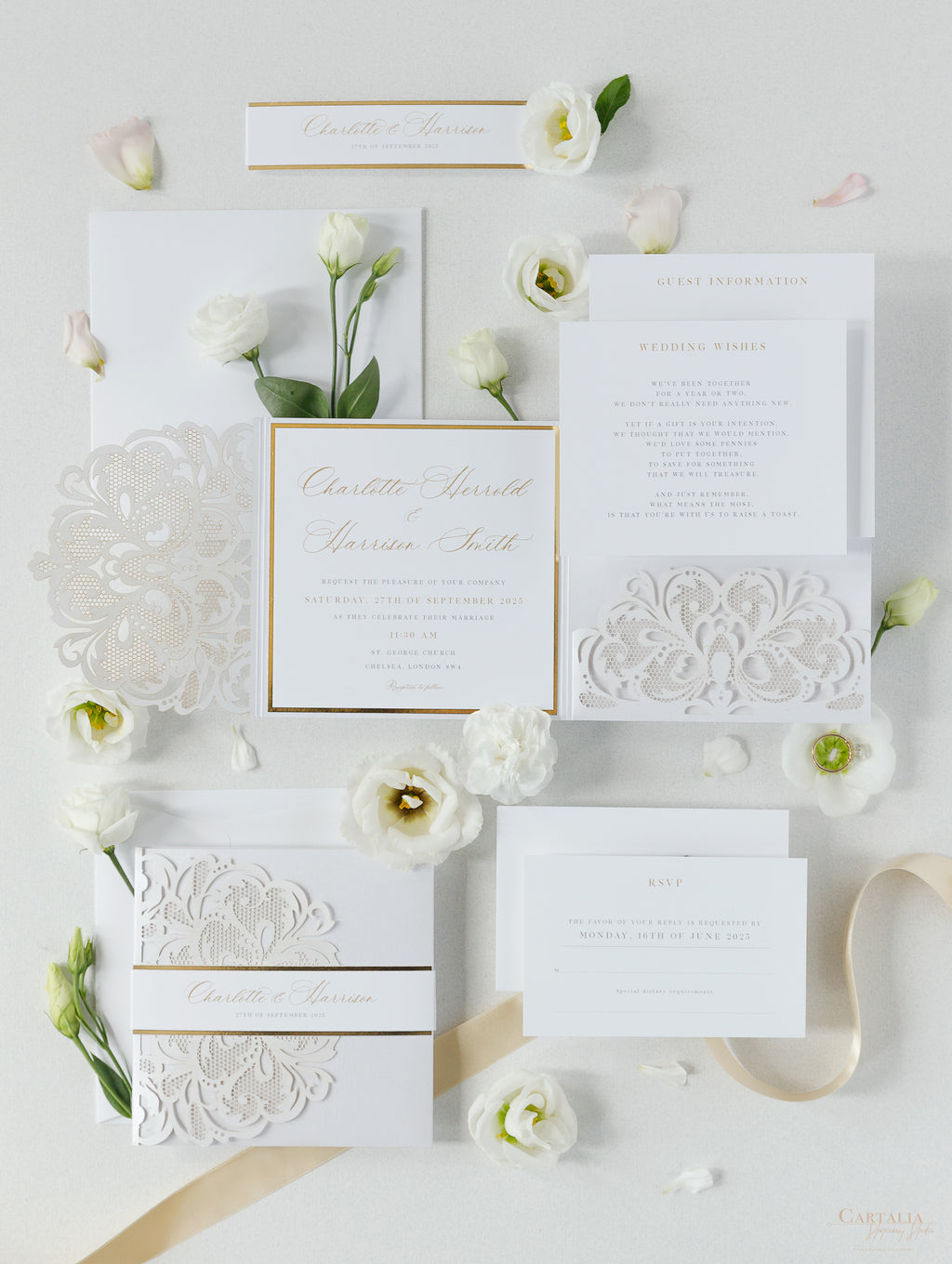 Luxury White & Gold Laser Cut Lace Pocketfold Wedding Invitation Suite –  Cartalia