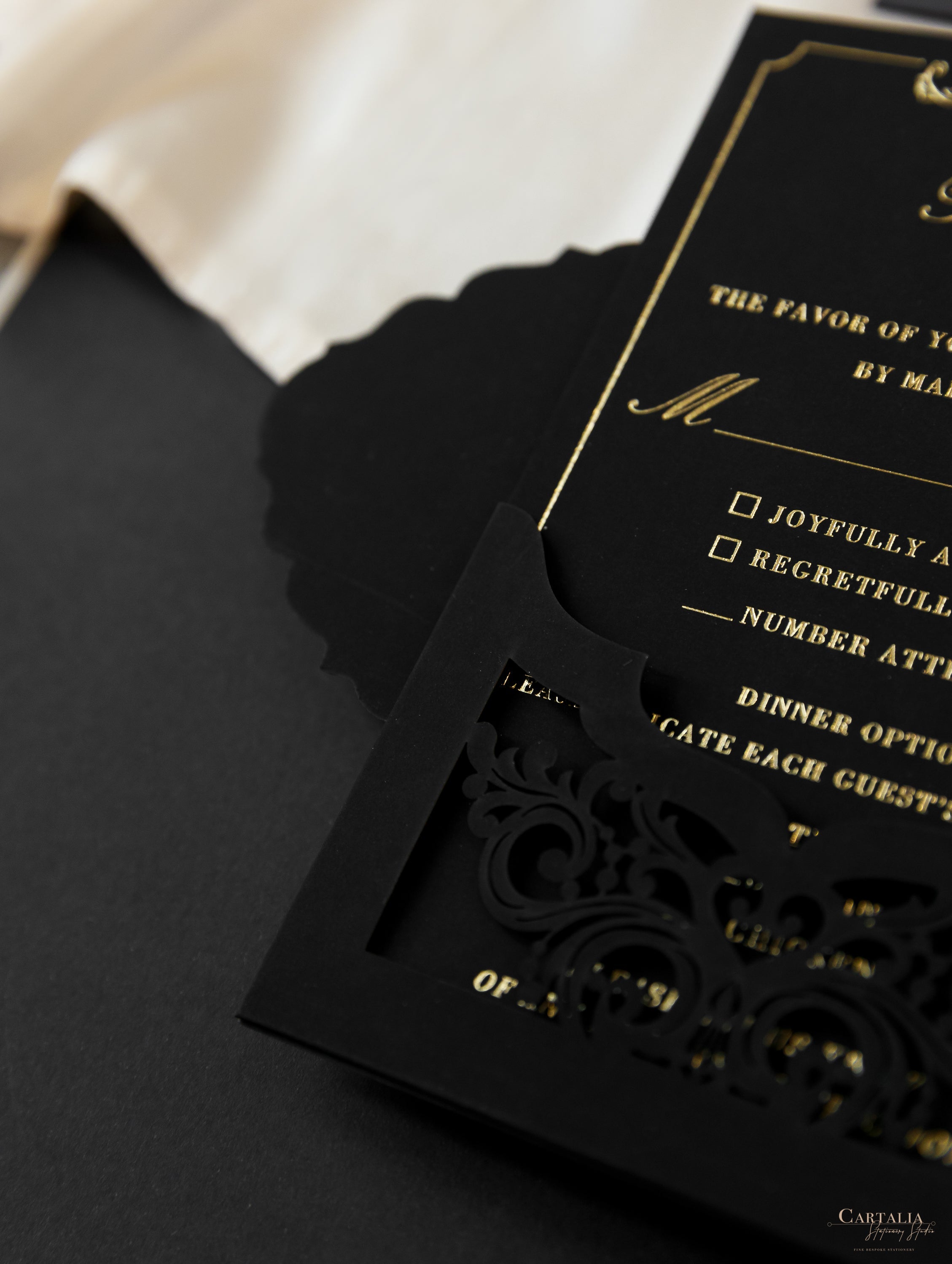 Black Velveteen Luxury Gold Foil Invitation pocket fold suite for Wedd –  Cartalia
