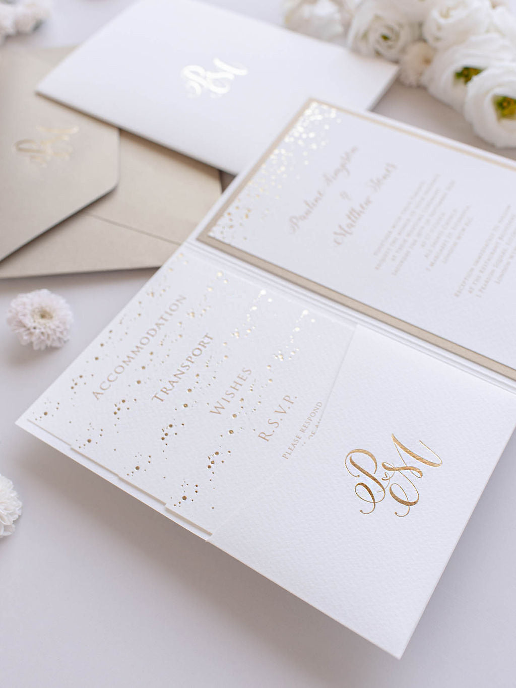 Luxury Floral Pocketstyle Wedding Invitation in White & Pink with 4 Ca –  Cartalia