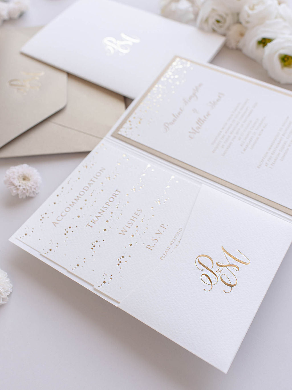 Modern Calligraphy Invitation 3 Tier Folder Pocket Suite with Vellum  Parchment Envelope and Pearl Wax Seal with ribbed ribbon