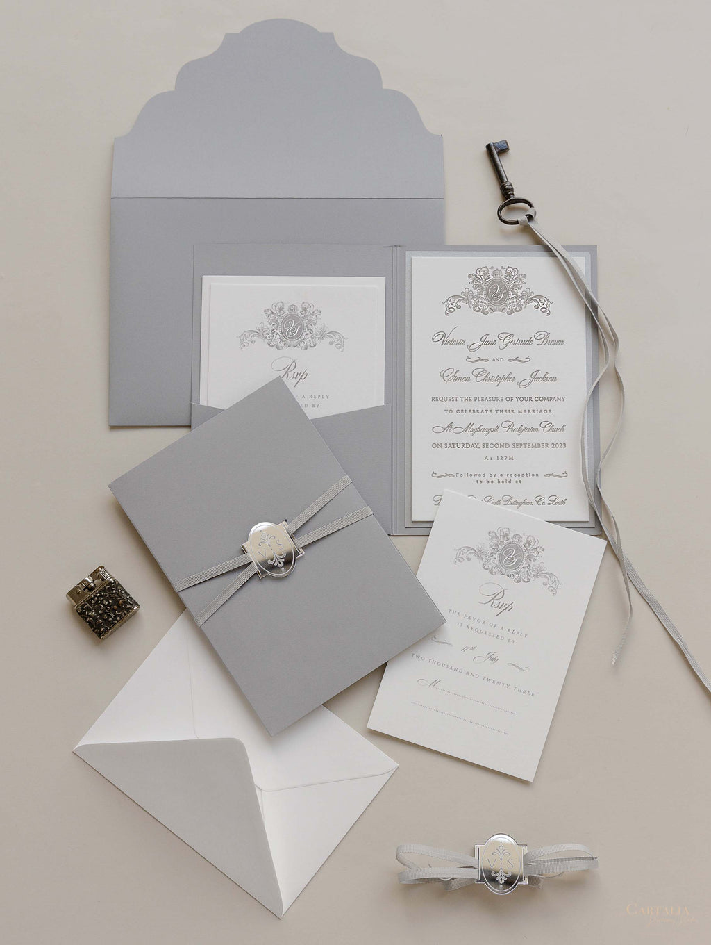 Shimmering Silver Monogram Pocket Wedding Invitation Suite – Cartalia