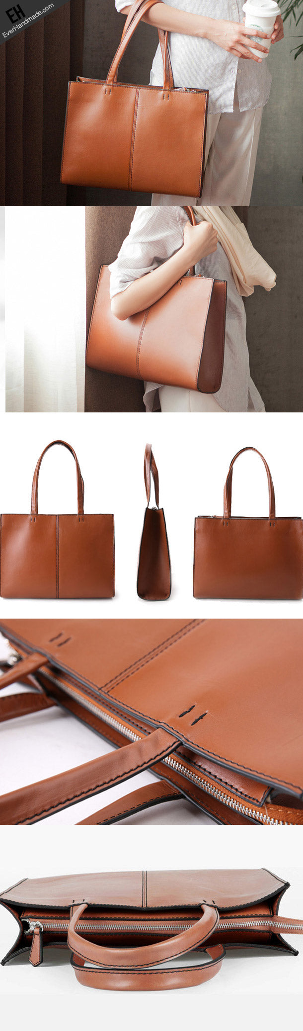 Handmade brown fashion pretty leather large tote bag shoulder bag hand ...