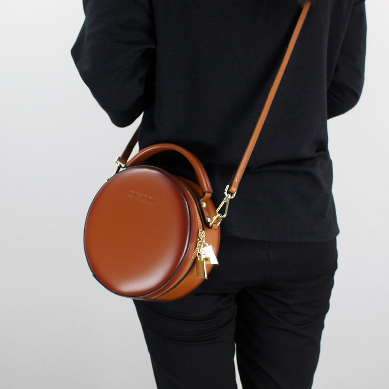 Leather Brown round WOmen Shoulder Bag Crossbody Bag