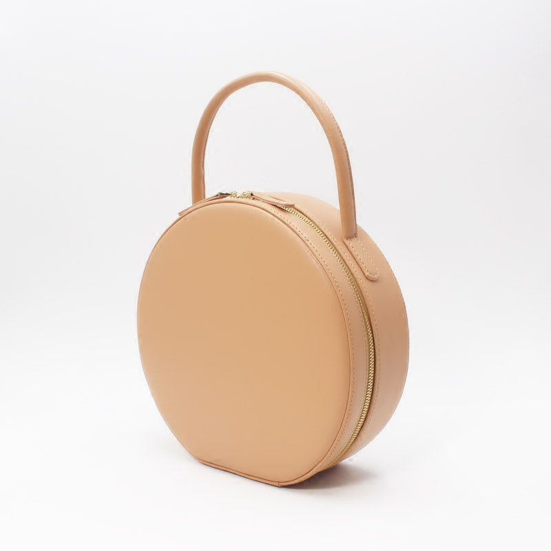Round Circle Beige Leather Women Handbag