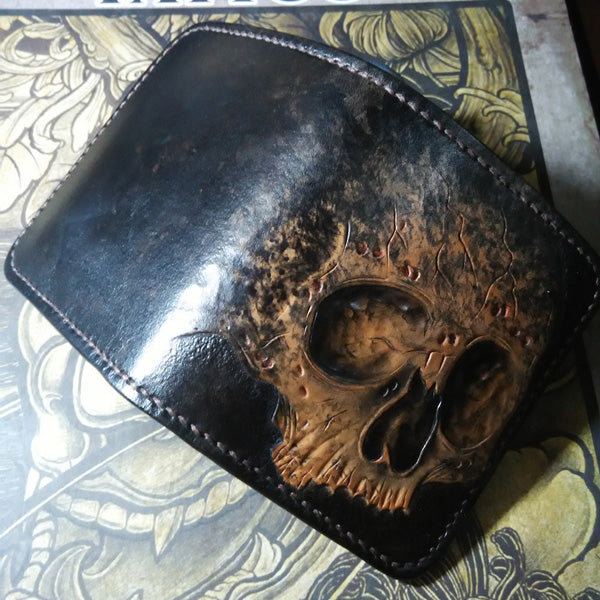 Skull Short Leather Tooled Biker Wallet