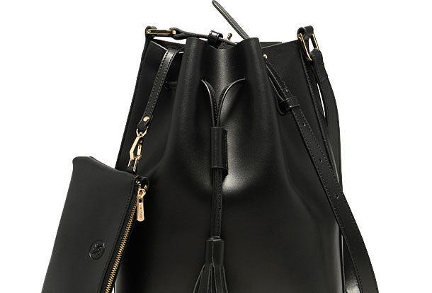 Genuine Black Leather bucket bag shoulder bag for women leather Barrel