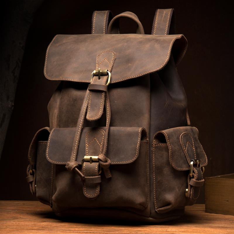 Casual Dark Brown Leather Mens 12 inches Laptop Backpack Leather schoo